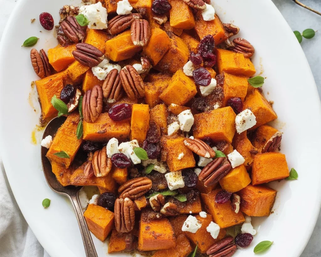 Caramelized butternut squash with feta, walnuts, and cranberry honey glaze dish