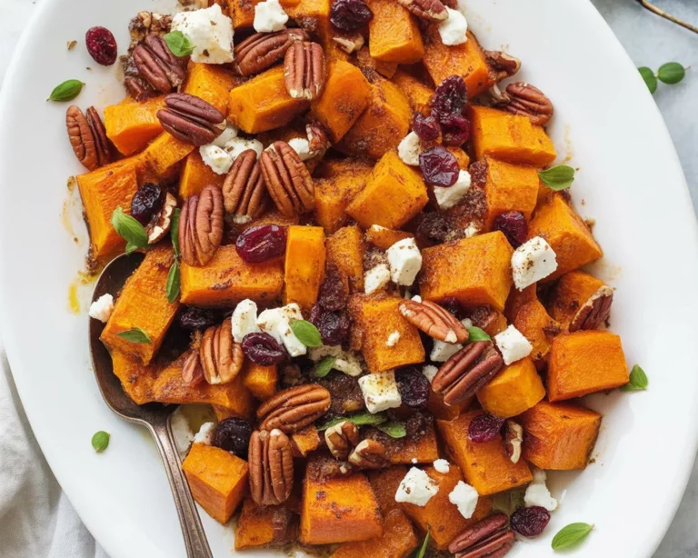 Caramelized butternut squash with feta, walnuts, and cranberry honey glaze dish