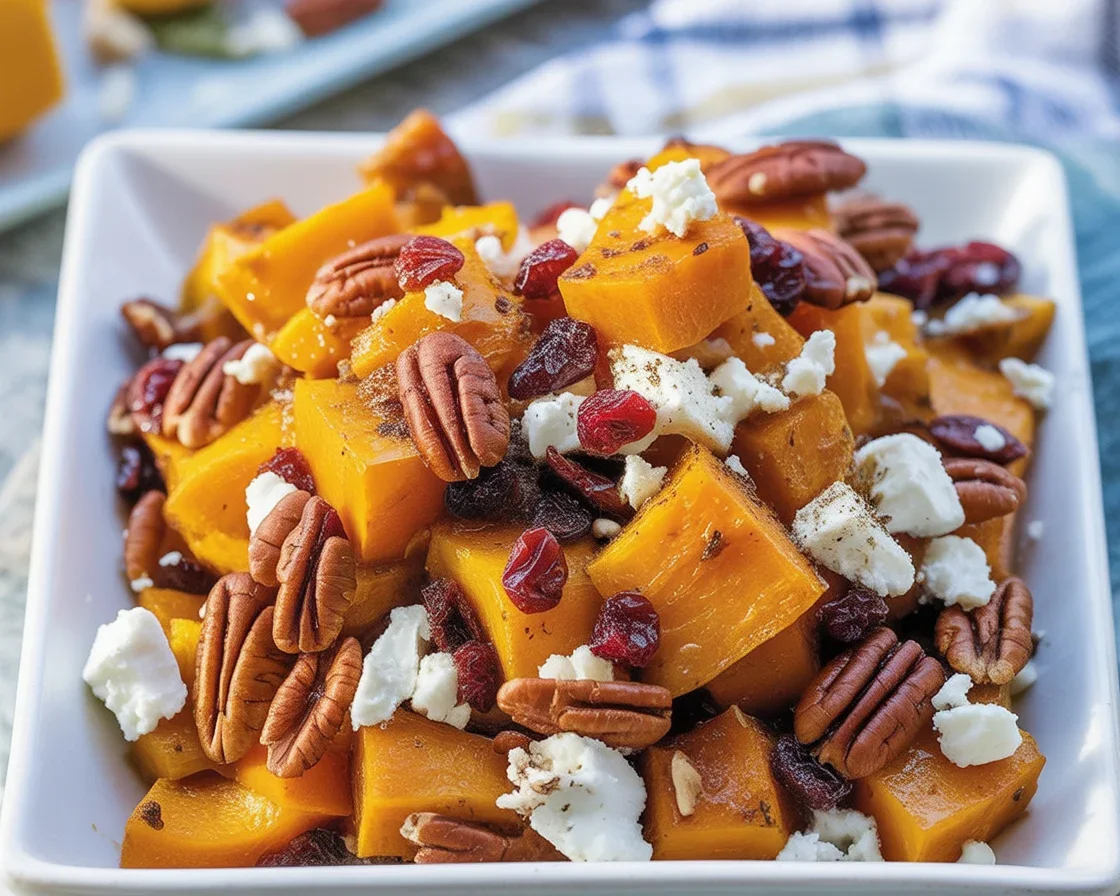 Caramelized butternut squash topped with feta cheese, walnuts, and cranberry honey glaze.