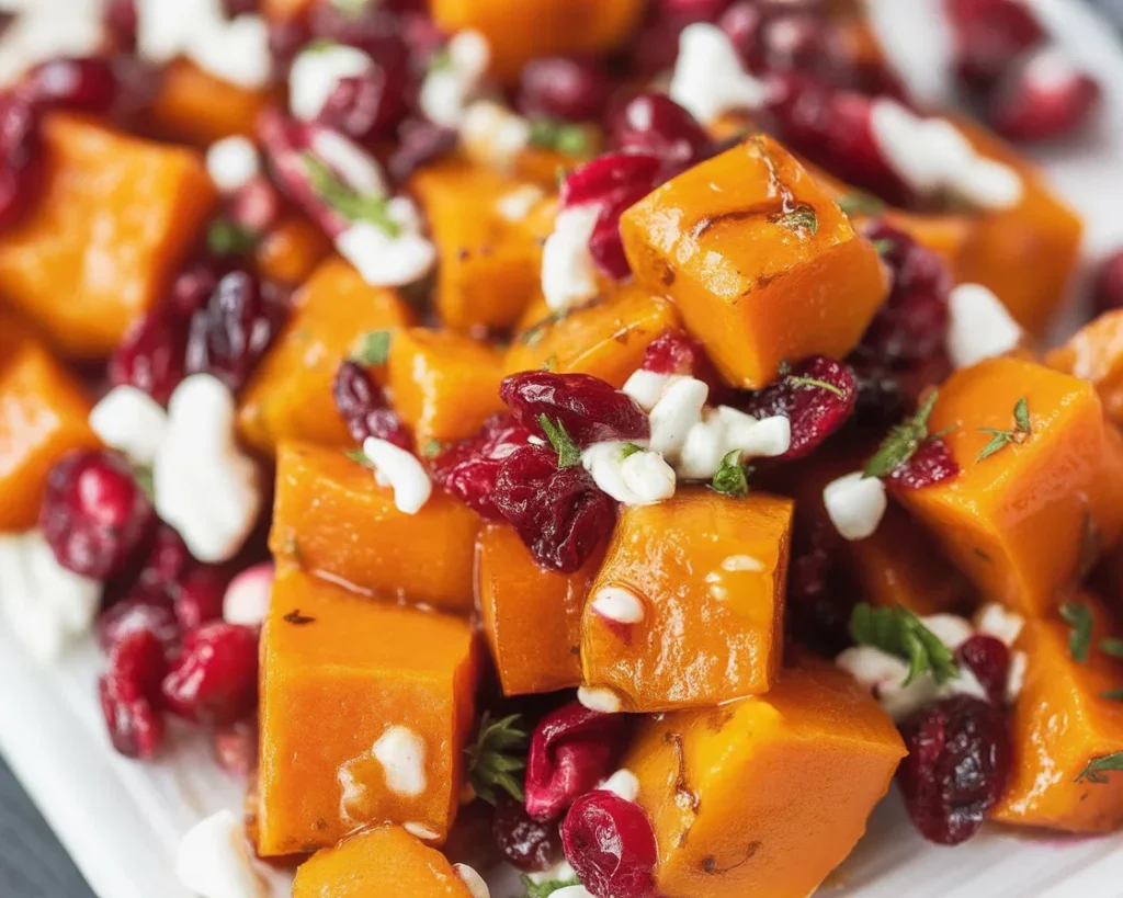 Caramelized butternut squash with feta cheese and cranberry drizzle on a plate.