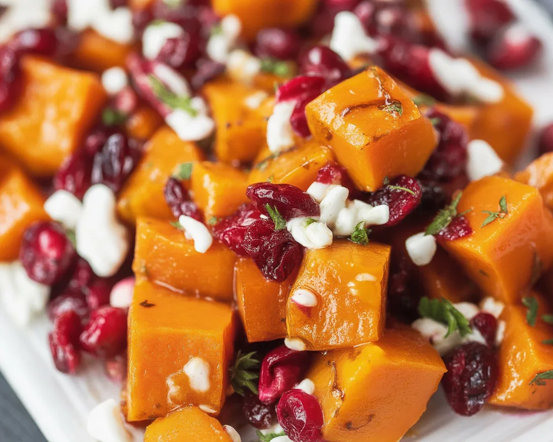 Caramelized butternut squash with feta cheese and cranberry drizzle on a plate.