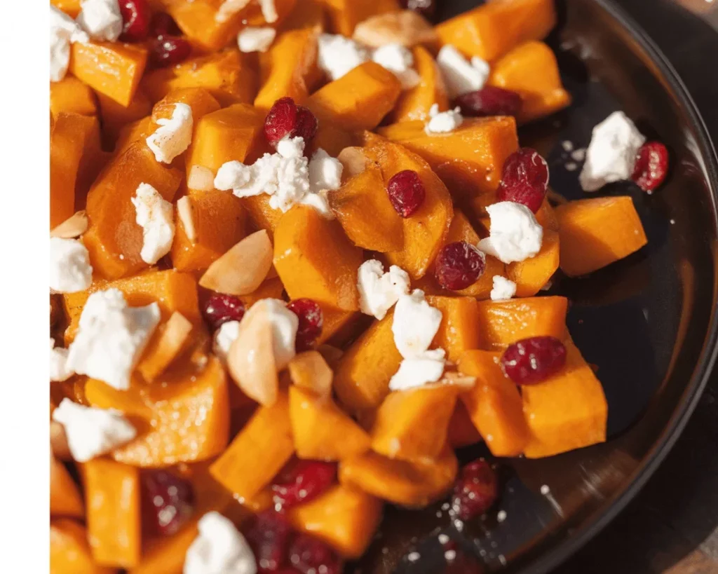Caramelized butternut squash topped with feta and cranberry drizzle
