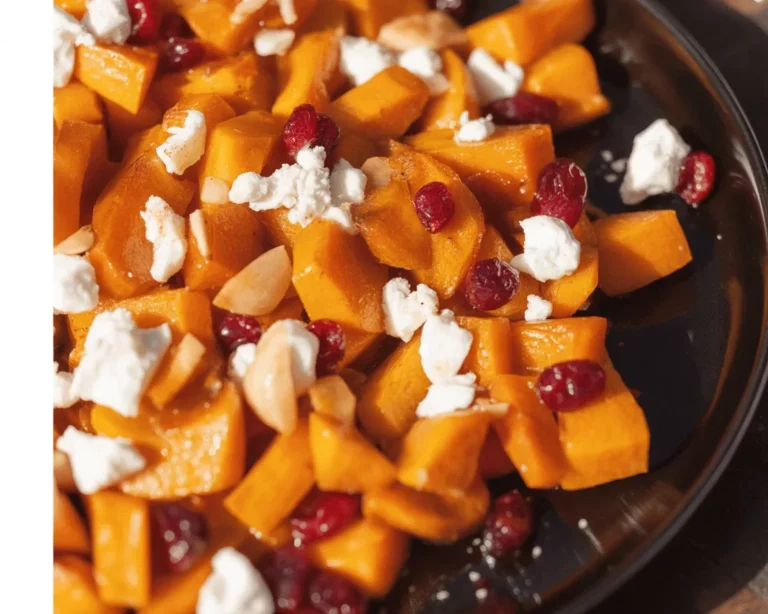 Caramelized butternut squash topped with feta and cranberry drizzle