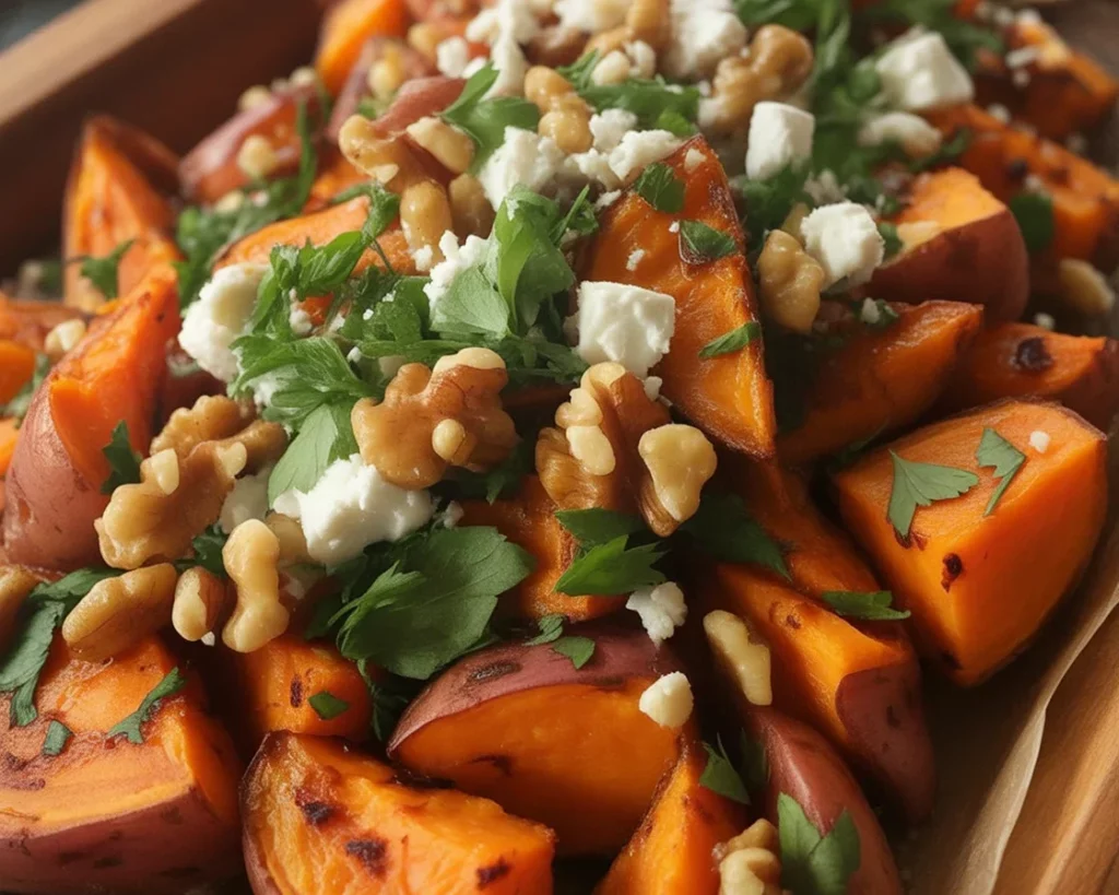 Caramelized sweet potatoes with maple, feta cheese, and crunchy walnuts in a bowl.