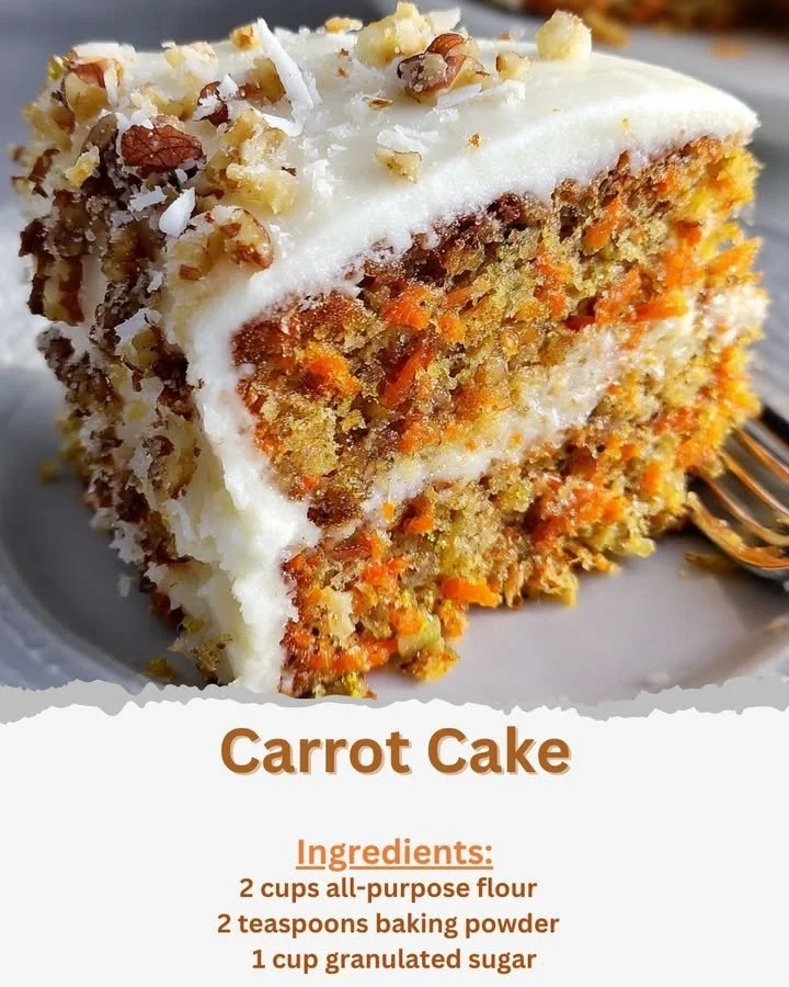 Delicious homemade carrot cake with cream cheese frosting and decorative walnuts