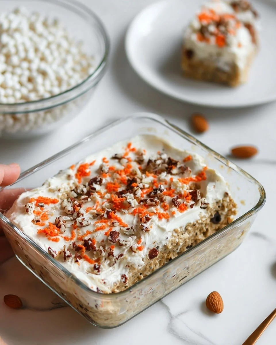 Delicious carrot cake overnight oats topped with white chocolate cream cheese ganache