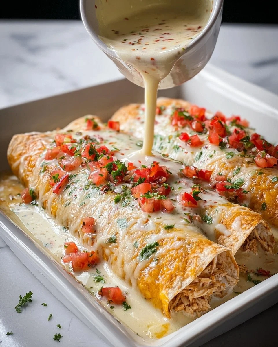 A plate of cheese chicken enchiladas topped with sour cream and cilantro