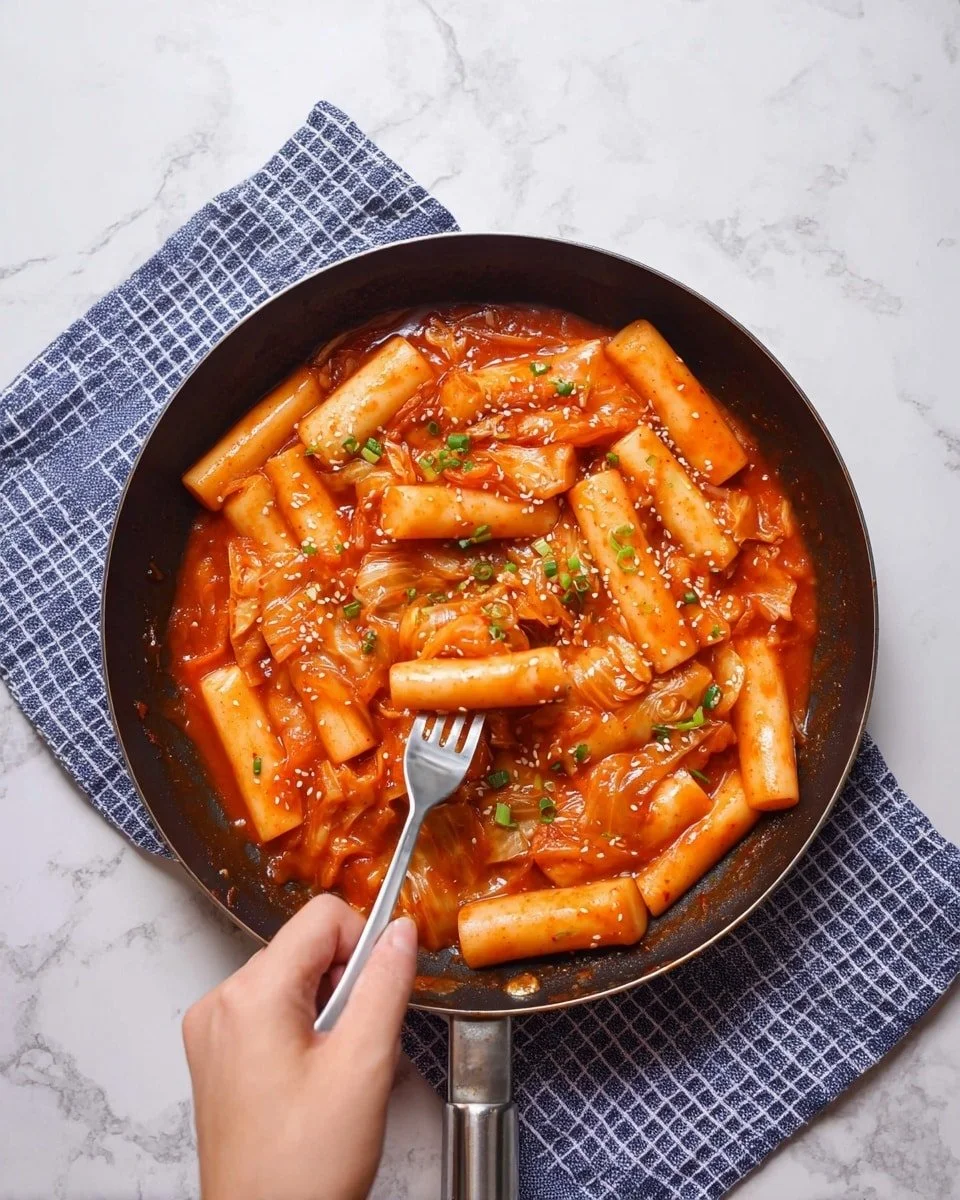 Delicious homemade Cheese Tteokbokki topped with melted cheese and spicy sauce.