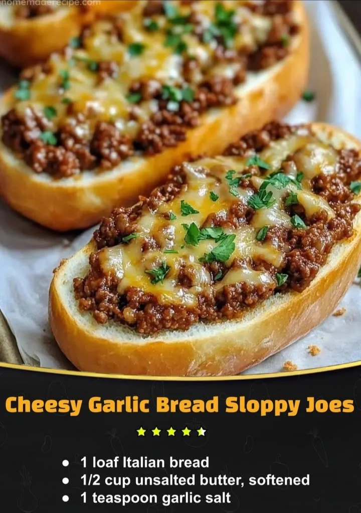 Plate of cheesy garlic bread sloppy joes garnished with parsley