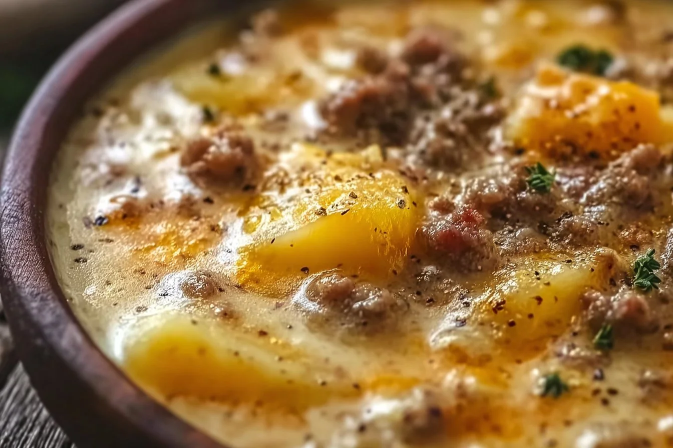 Bowl of cheesy hamburger potato soup garnished with herbs