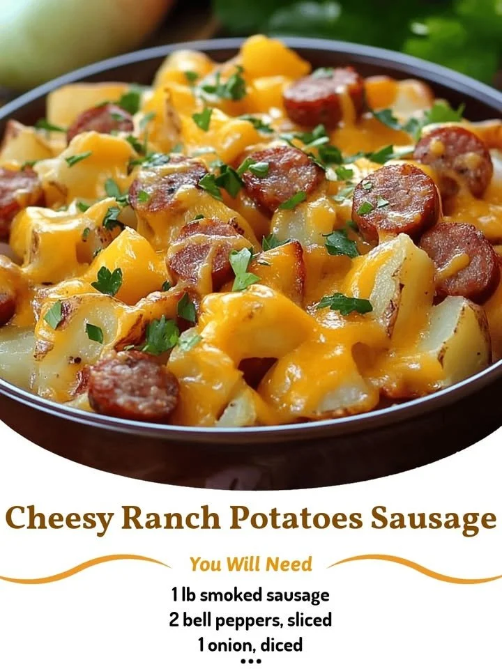 Delicious Cheesy Ranch Potatoes with Sausage topped with melted cheese