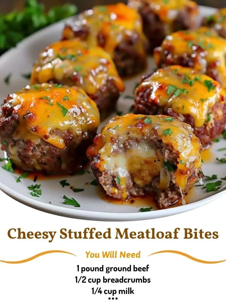 Cheesy stuffed meatloaf bites served on a plate, ideal for appetizers.