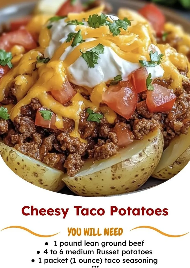 Delicious cheesy taco potatoes topped with cheese and taco toppings