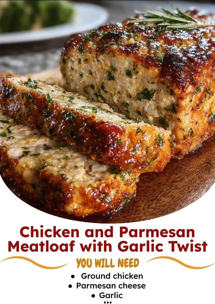 Delicious Chicken and Parmesan Meatloaf garnished with garlic herbs