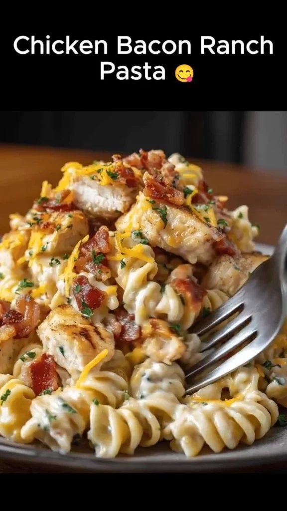 Delicious Chicken Bacon Ranch Pasta in a creamy sauce with bacon and chicken.