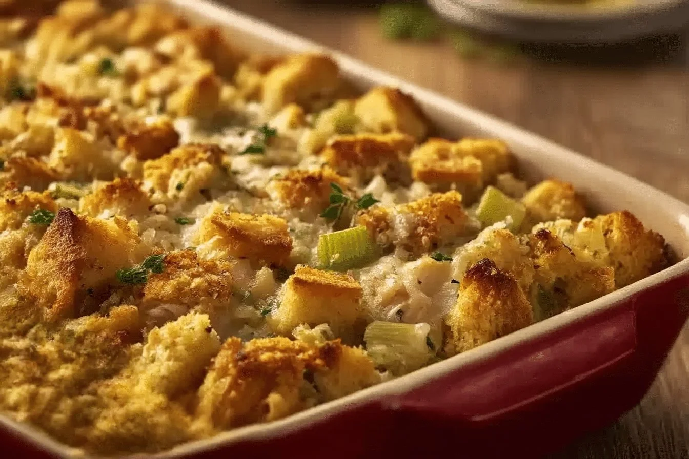 Delicious chicken and dressing casserole baked to perfection