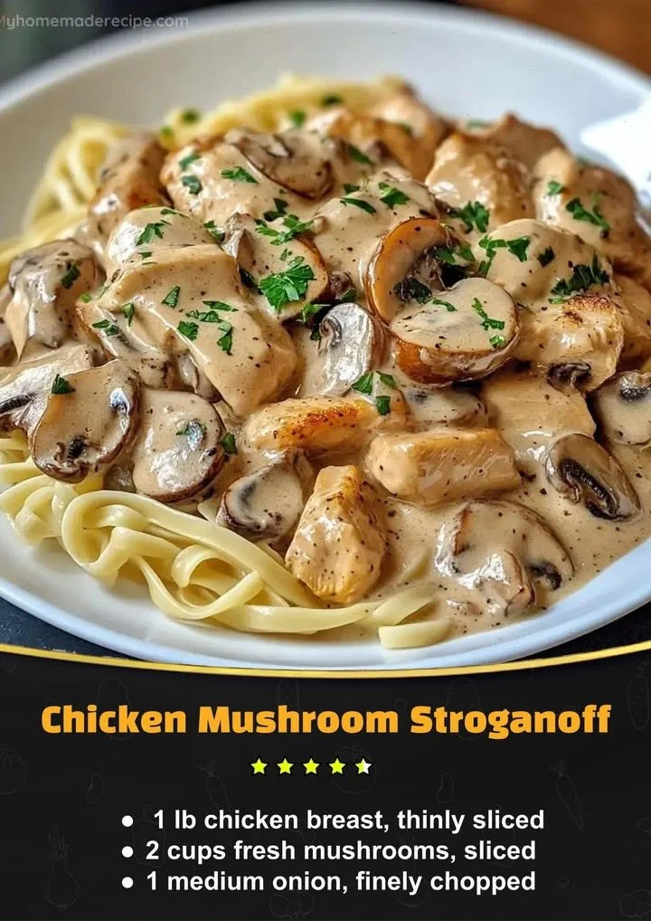 Delicious Chicken Mushroom Stroganoff served in a bowl with creamy sauce