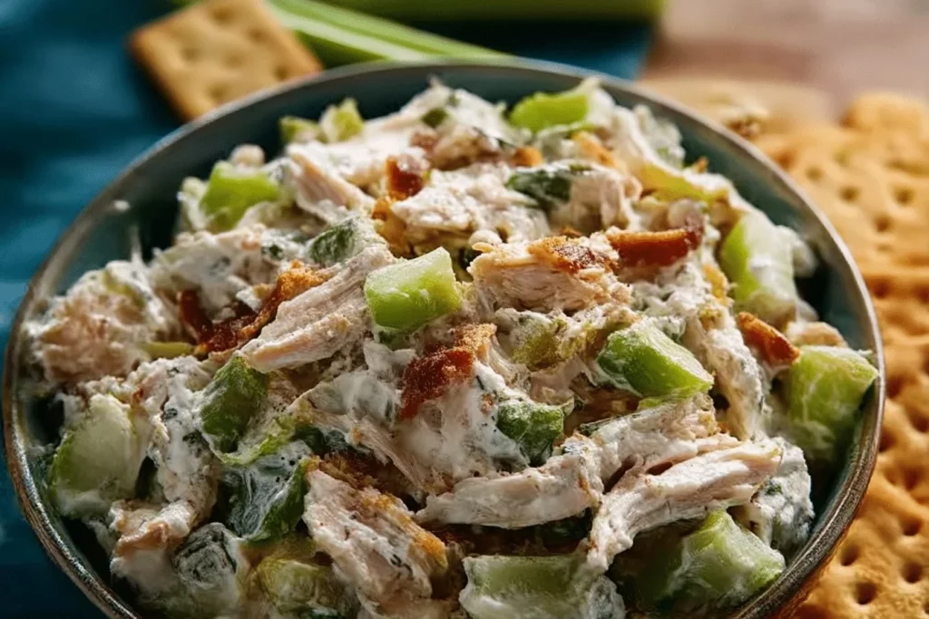 Fresh chicken salad with vegetables and herbs in a bowl