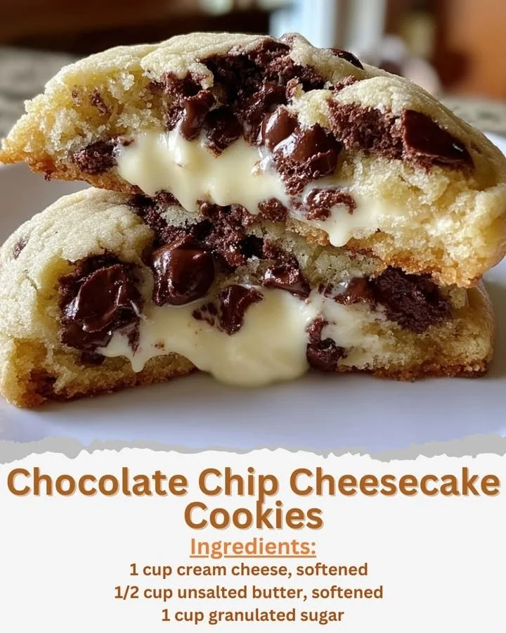 Chocolate chip cheesecake cookies with a creamy filling and chocolate chips.