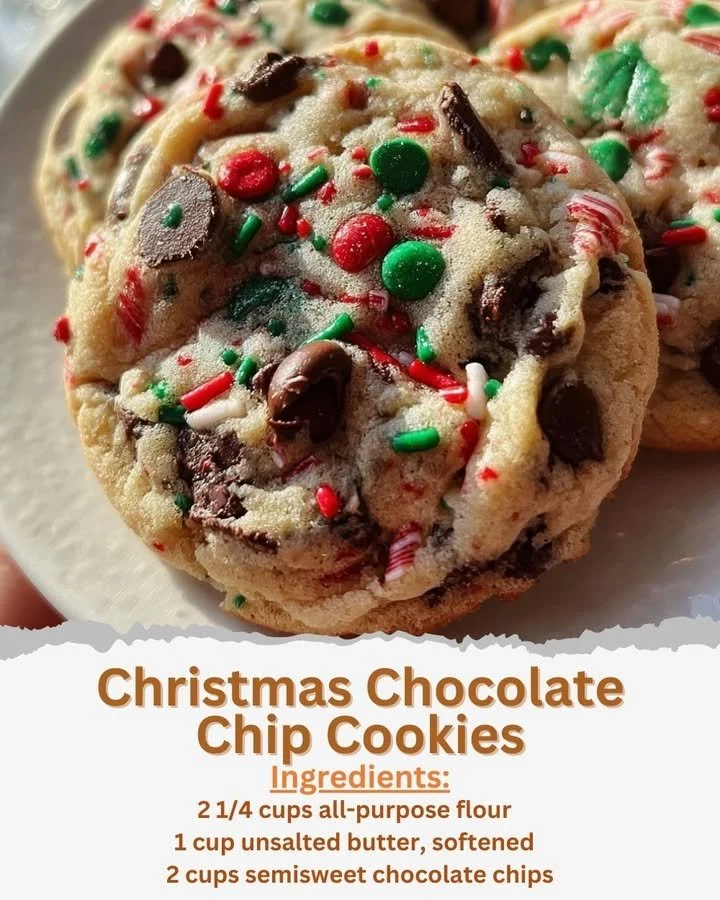 Freshly baked Christmas chocolate chip cookies on a festive plate