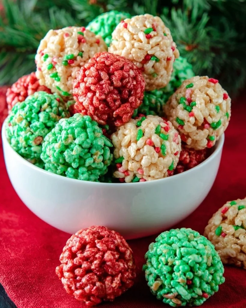 Colorful Christmas Rice Krispie Treat Bites on a festive plate