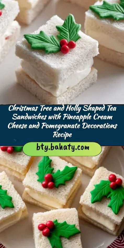 Christmas tree and holly shaped tea sandwiches with pineapple cream cheese and pomegranate.