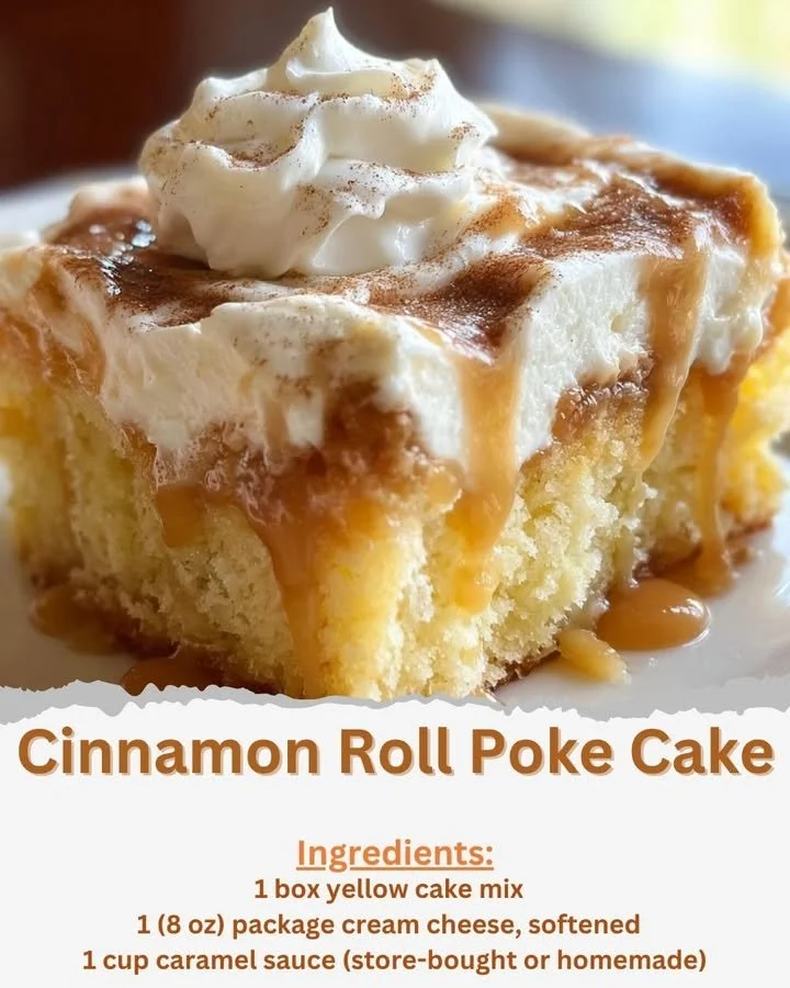 Delicious cinnamon roll poke cake topped with icing and cinnamon swirls