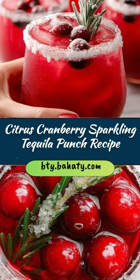 Citrus Cranberry Sparkling Tequila Punch in a cocktail glass with garnishes.