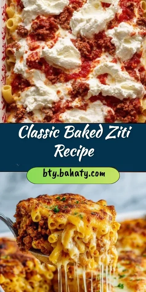 Delicious classic baked ziti served in a bowl with melted cheese and marinara sauce.