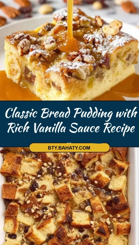 Classic bread pudding with rich vanilla sauce on a plate