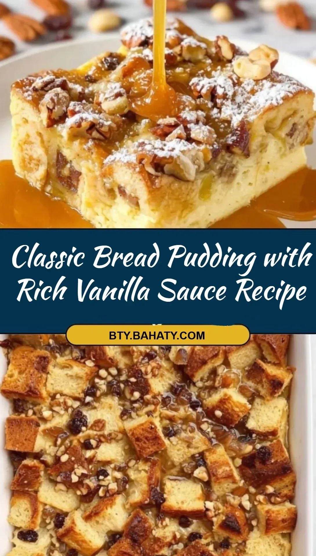 Classic bread pudding with rich vanilla sauce on a plate