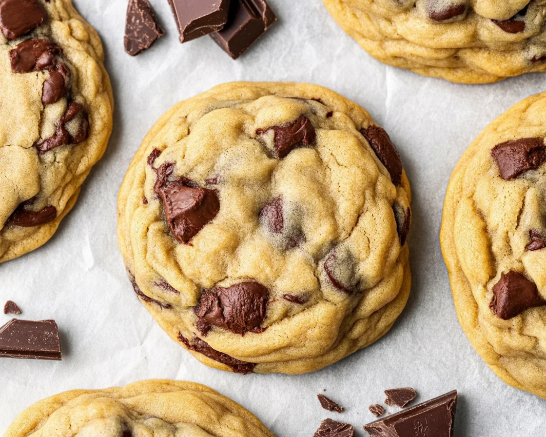 Freshly baked classic chocolate chip cookies with chewy centers and crispy edges.
