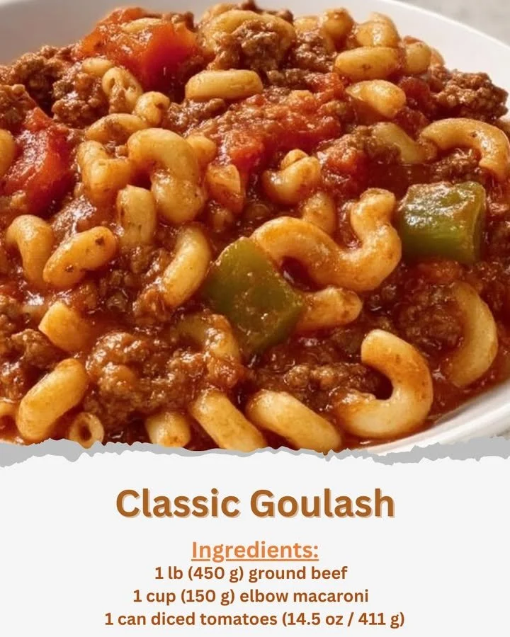 Bowl of classic goulash with beef, pasta, and vegetables.