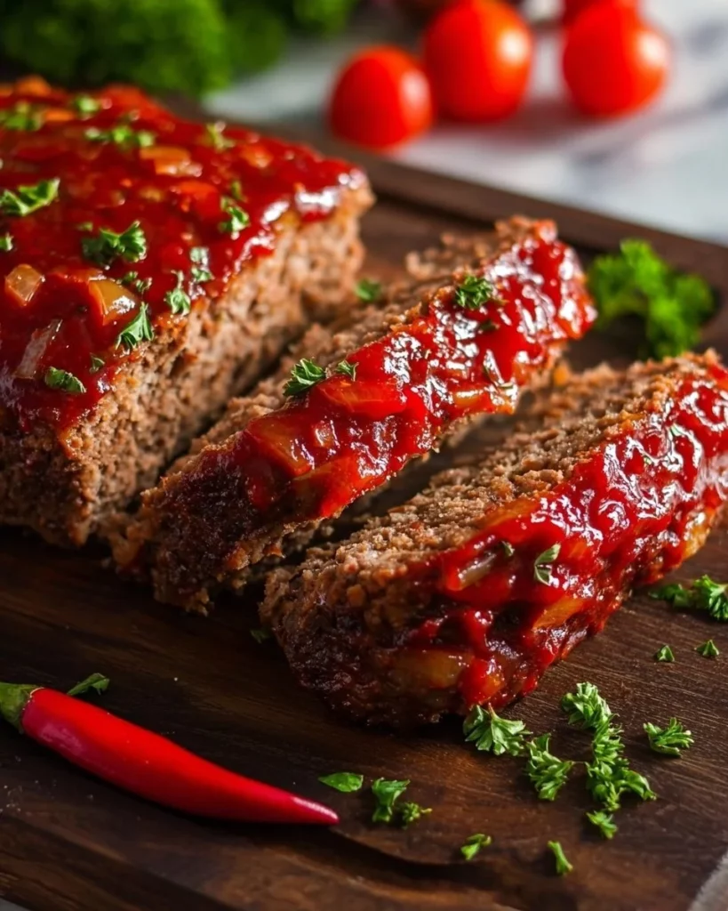 Delicious classic meatloaf with ketchup glaze served on a plate