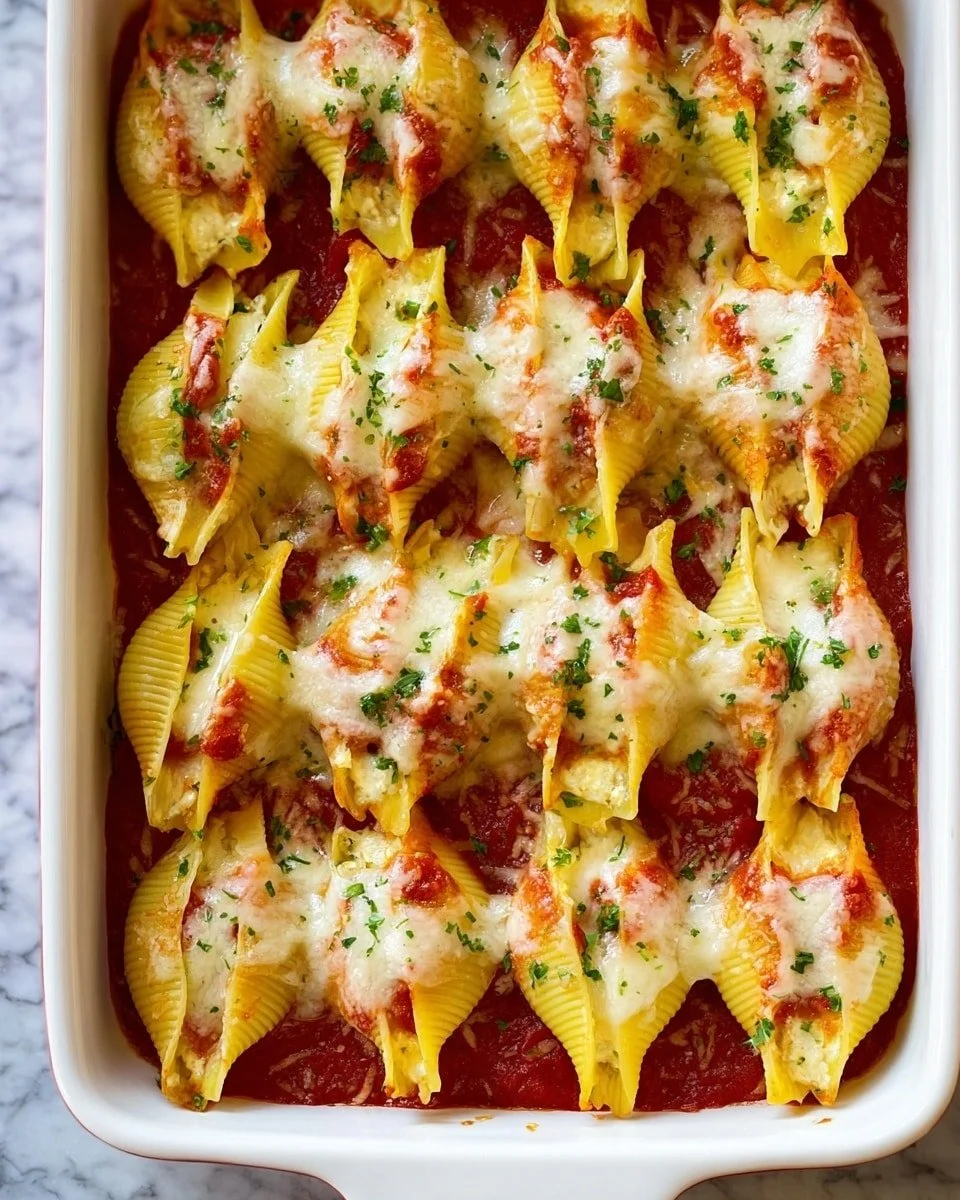 Delicious classic stuffed shells filled with ricotta and marinara sauce