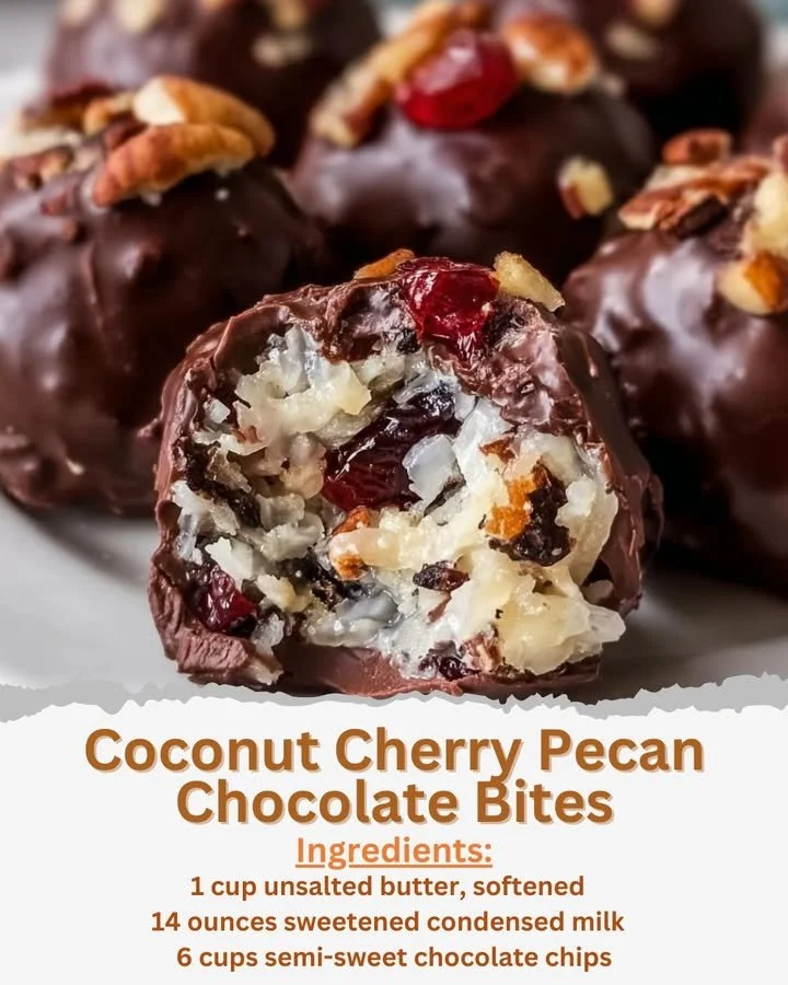 Delicious Coconut Cherry Pecan Chocolate Bites with rich chocolate and nuts