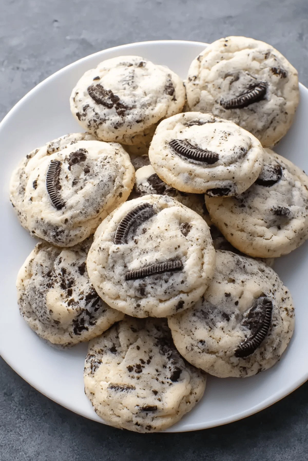 Delicious homemade Cookies and Cream Cheesecake Cookies on a plate