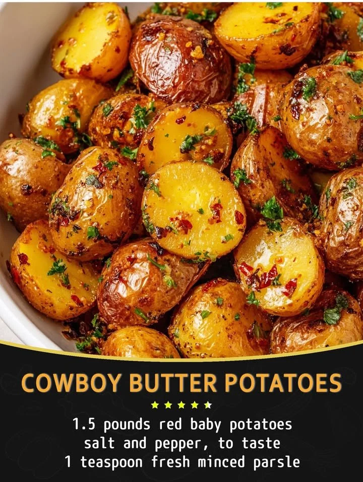 Delicious Cowboy Butter Potatoes served in a bowl, garnished with herbs.
