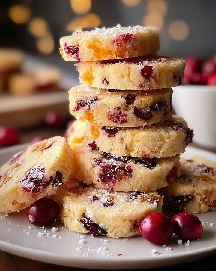 Cranberry Orange Snowflake Shortbread cookies on a decorative plate