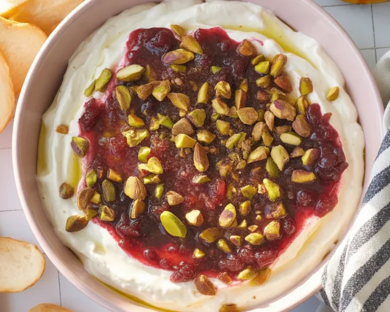 Creamy cranberry whipped feta dip topped with hot honey and garnished with pistachios.