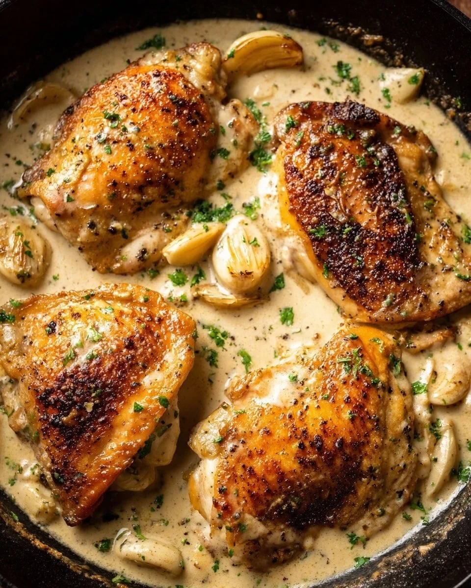 Creamy Garlic Chicken dish served with herbs and creamy sauce