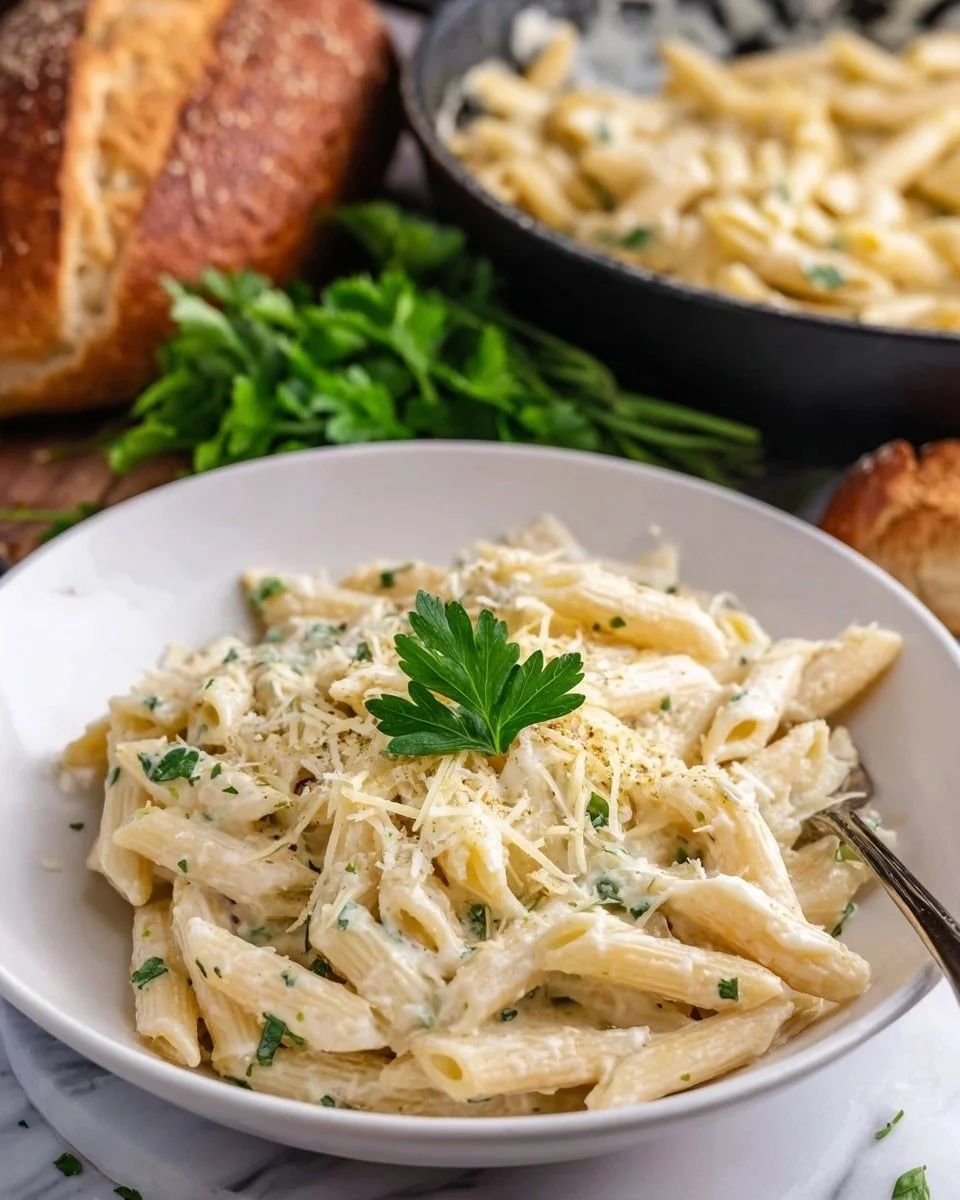Creamy garlic penne pasta served in a bowl with herbs