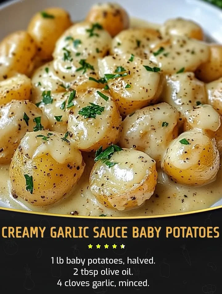 Creamy garlic sauce coating baby potatoes in a delicious dish