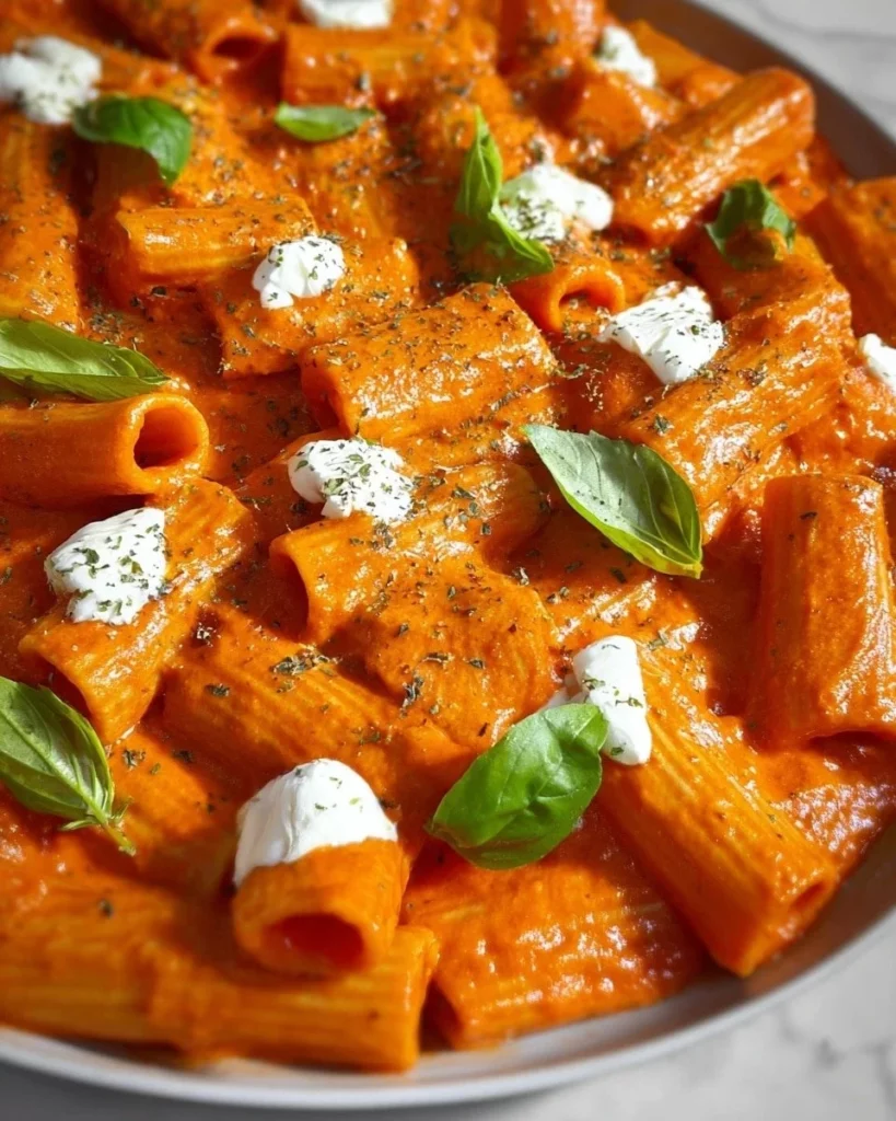 Creamy rigatoni pasta in a rich tomato sauce