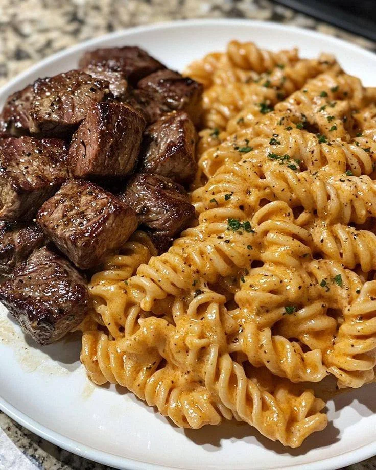 Creamy skillet steak pasta served in a bowl