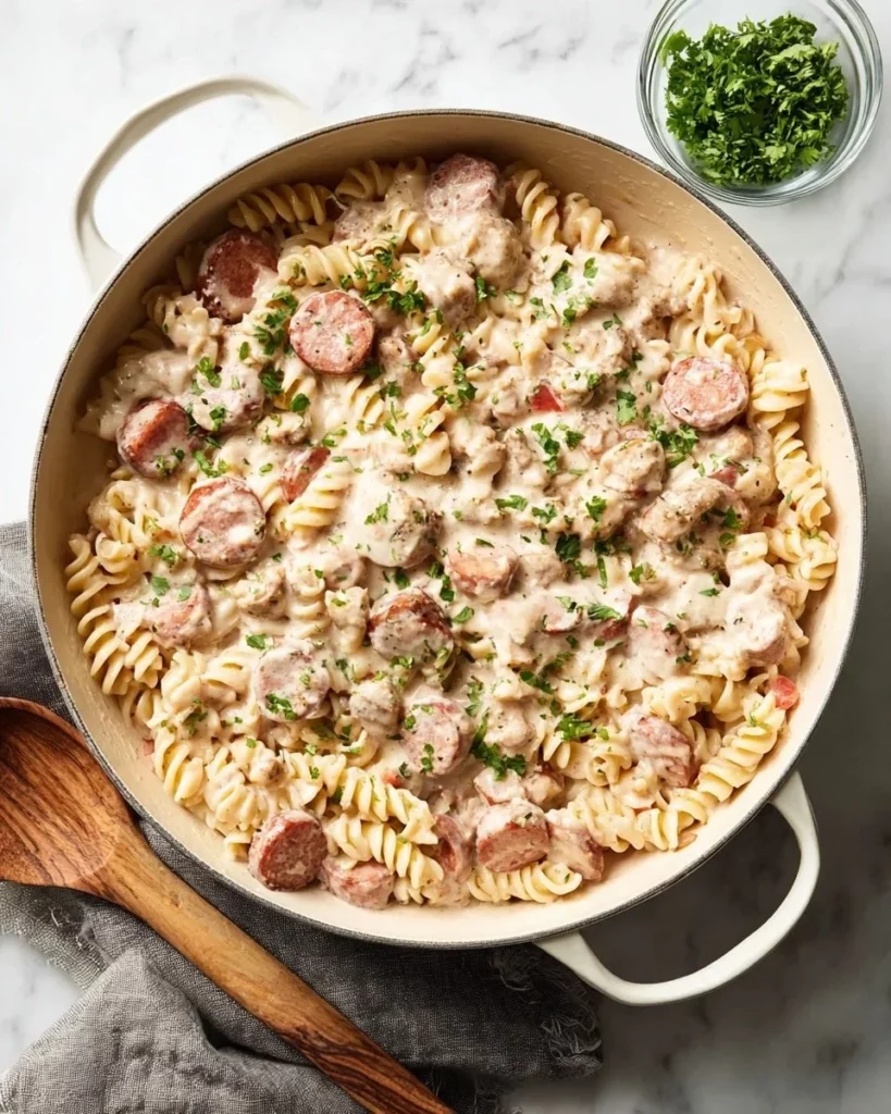 Creamy Smoked Sausage Pasta dish garnished with herbs
