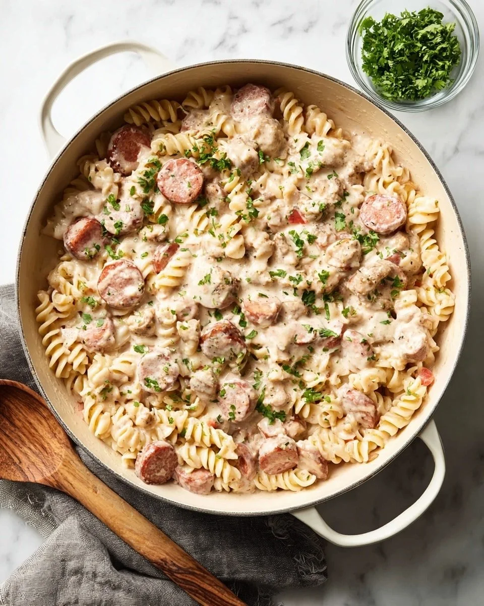Creamy Smoked Sausage Pasta dish garnished with herbs