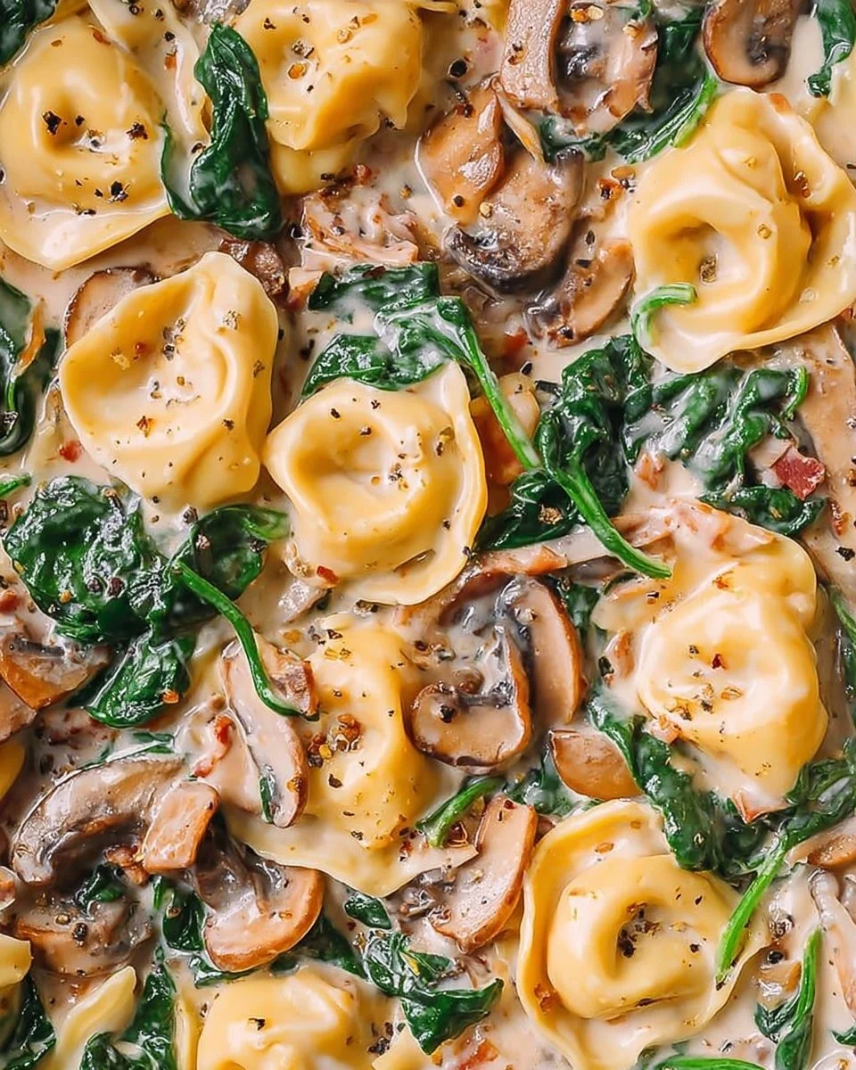 Creamy spinach mushroom tortellini dish topped with caramelized onions
