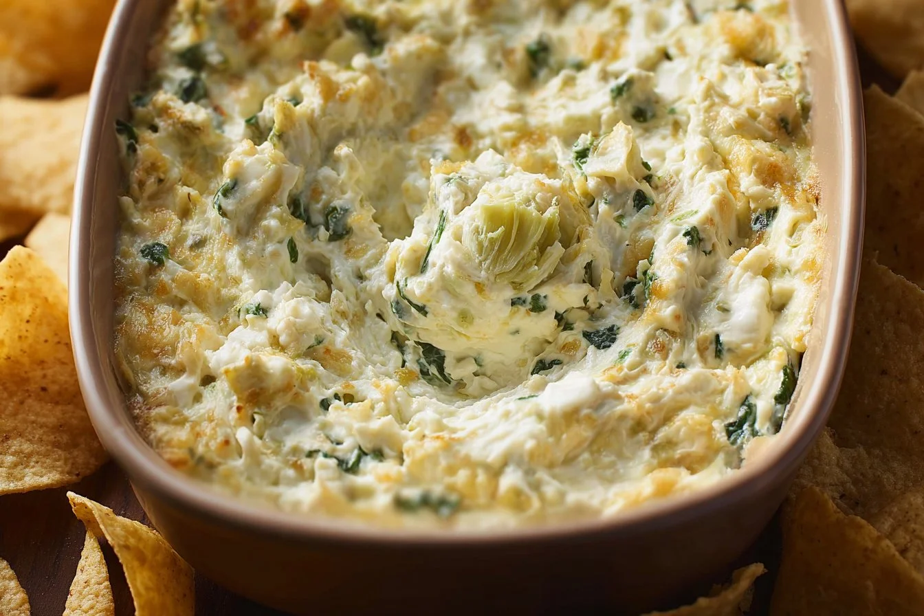 Creamy spinach artichoke dip served in a bowl with crispy tortilla chips