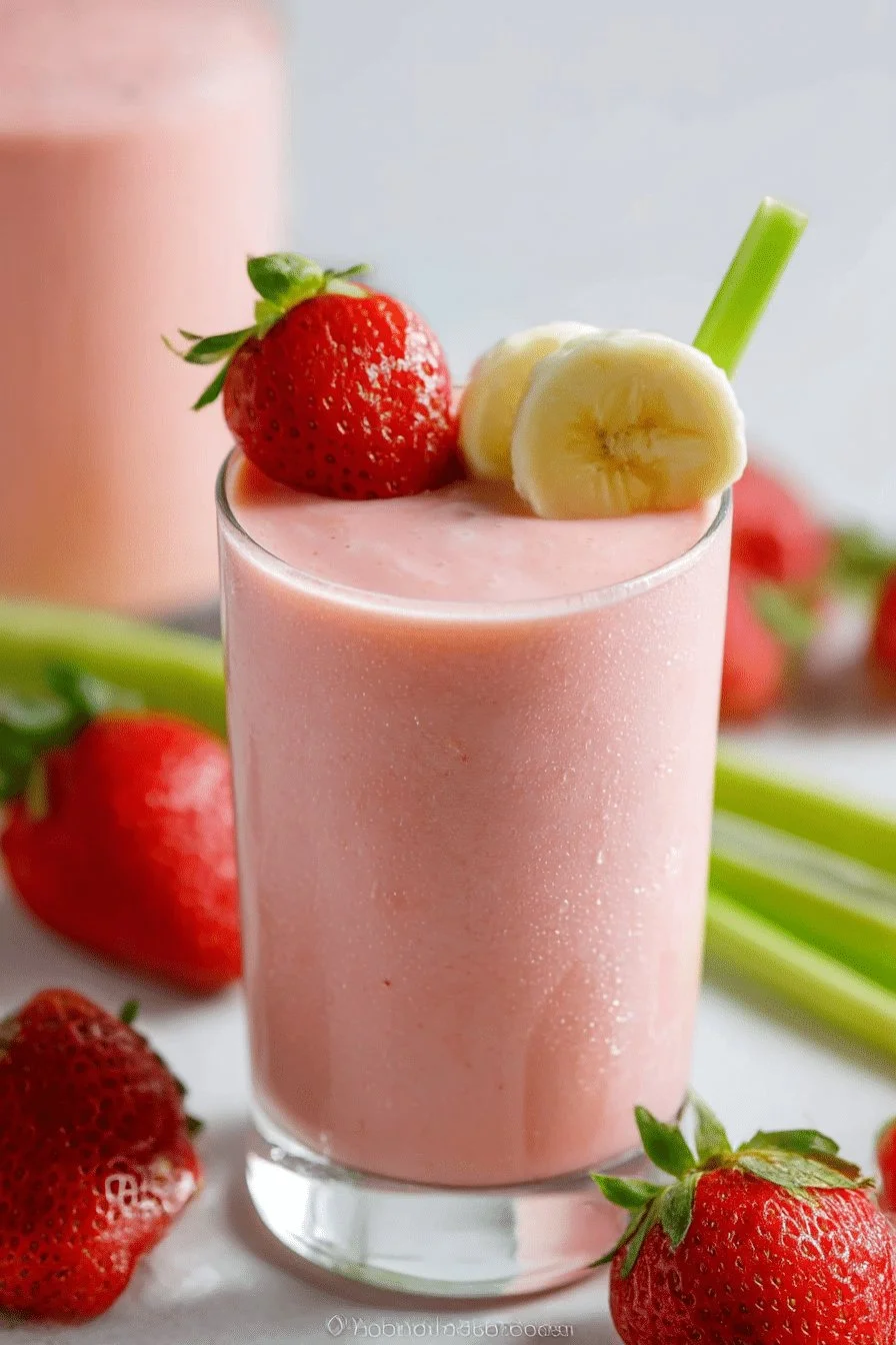 Creamy strawberry smoothie in a glass with fresh strawberries on top